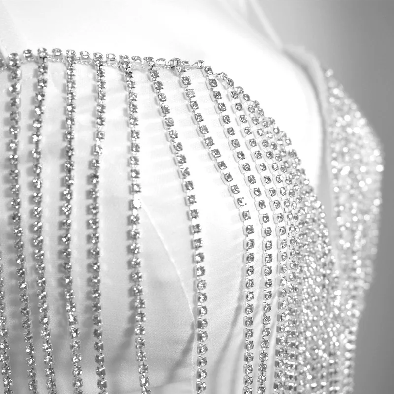 

Spaghetti Strap V-Neck Lady Dresses Solid Color Backless Mini Dress With Shiny Diamonds Tassel Summer Sexy Night Club Vestidos