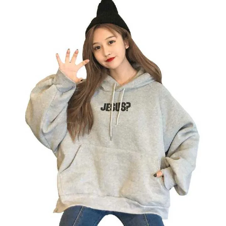 

2020 autumn and winter new button loose letter personality Harajuku careless wind plus velvet thickened hooded sweater woman