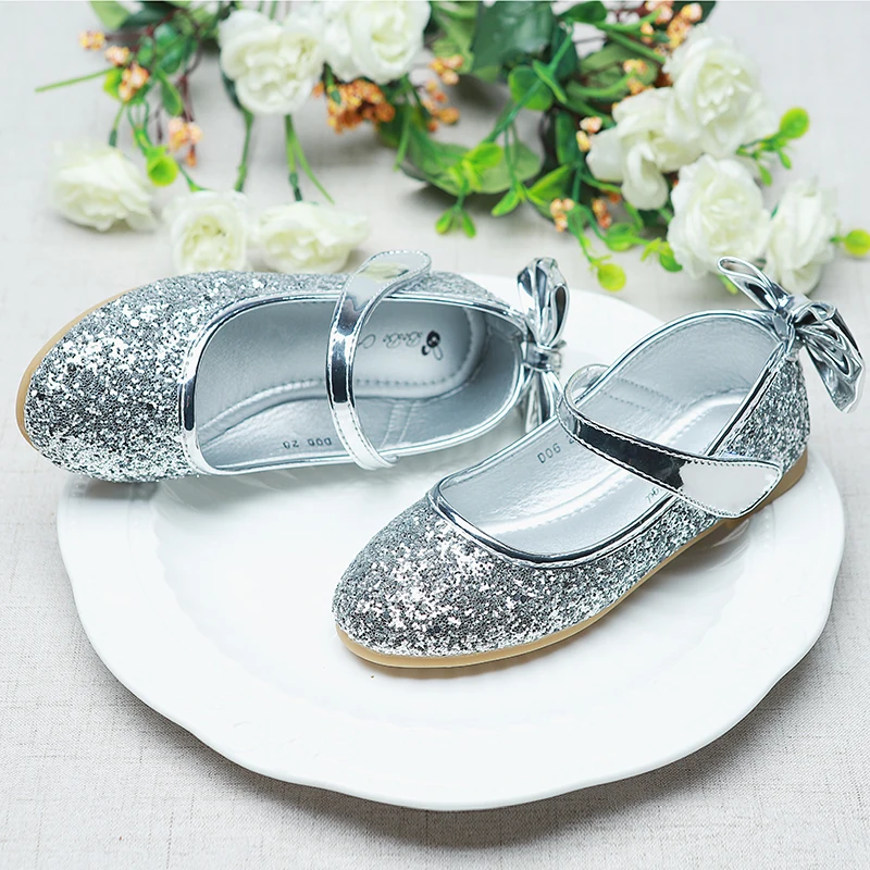 Zapatillas planas con lazo de lentejuelas para ni&ntilde;a, zapatos de princesa de fondo suave, talla 25-35, STX002-4