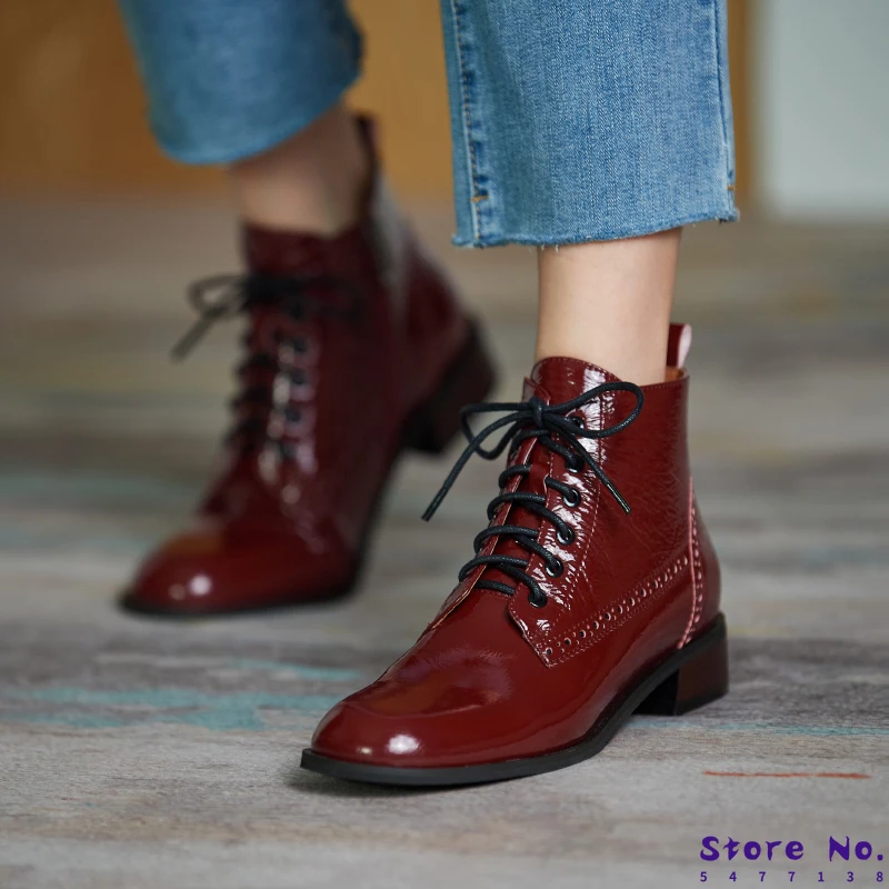 

Women Genuine Leather Ankle Boots Round Toe Lace Up Riding Boots Warm Autumn Winter New Nigh Club Punk Shoes Woman