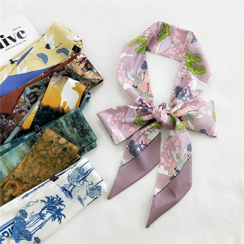 

Women Elegant Floral Long Scarf Fashion Print Small Neck Scarfs Office Lady Hair Band Handle Bag Ribbon Tie For Girls Spring