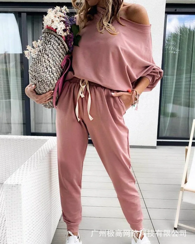 

Женский Повседневный костюм, модный пикантный топ с открытыми плечами и брюки на шнуровке, Осень-зима 2021