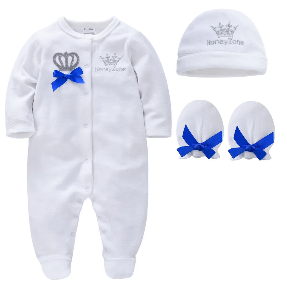 

KAVKAS Baby Boy Girl Clothes Set Romper+Hat+Glove Cotton Winter Kids Clothes Long Sleeve Crown Design Newborn bebe Clothing