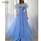 Verngo 2021 элегантные детские синие плиссированные тюлевые платья для выпускного вечера Длинные вечерние платья с короткими рукавами спереди по бокам
