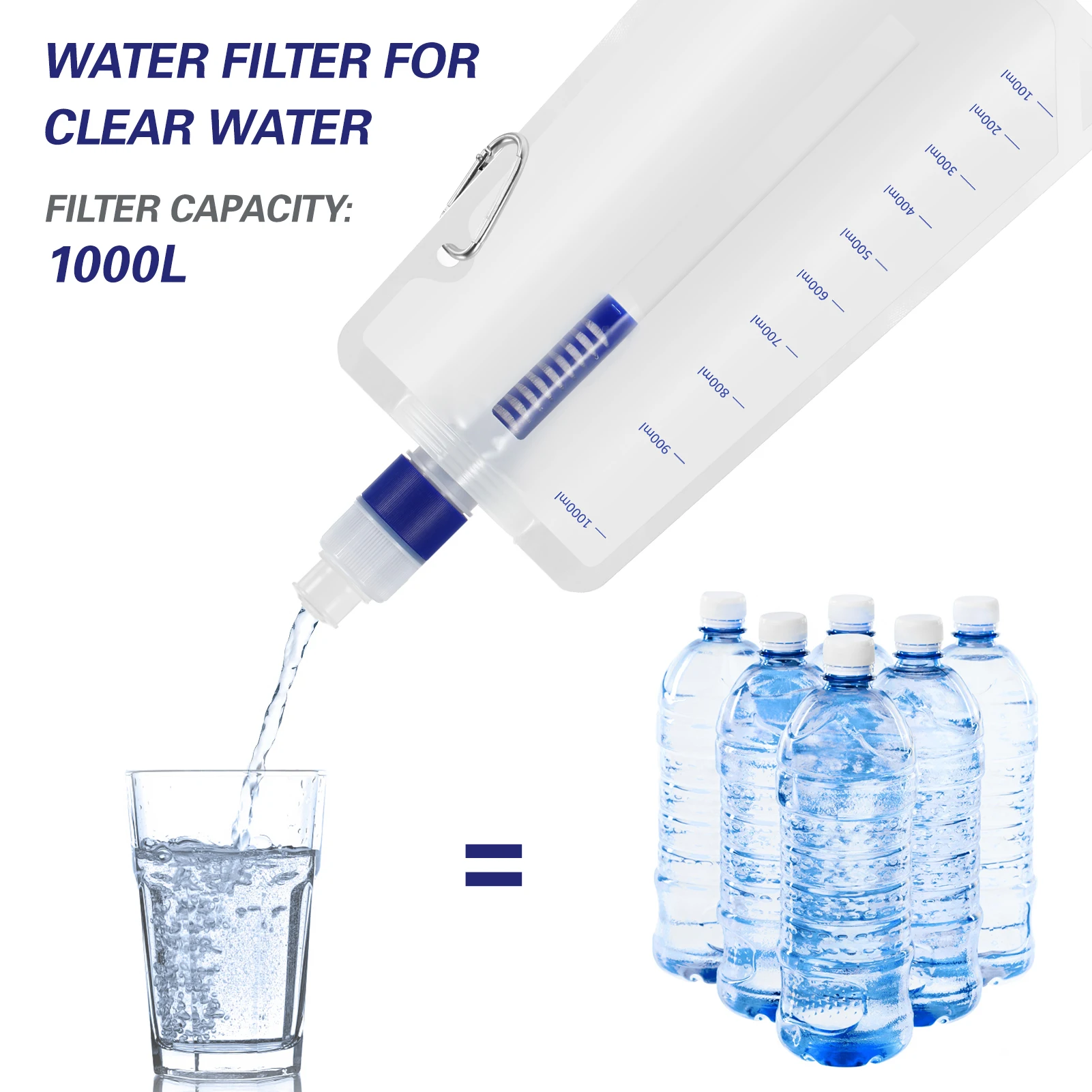 

1000ml Ultralight Collapsible Water Bottle with Filter Portable Water Filter Hydration Bladder Flask Camping Survival Equipment
