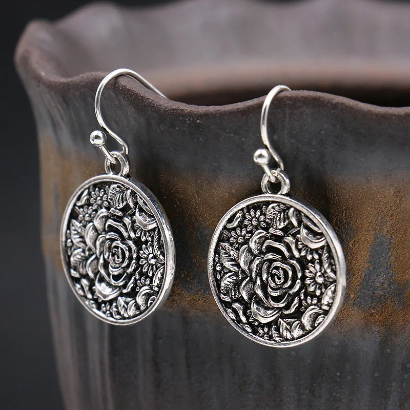 Античные серебряные модные серьги резные цветы спиральный текстурный узор