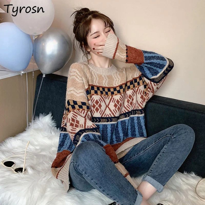 

Женские пуловеры в стиле пэчворк, дизайнерская стандартная модная уличная одежда, винтажные повседневные милые теплые клетчатые полосы Ulzzang Y2K