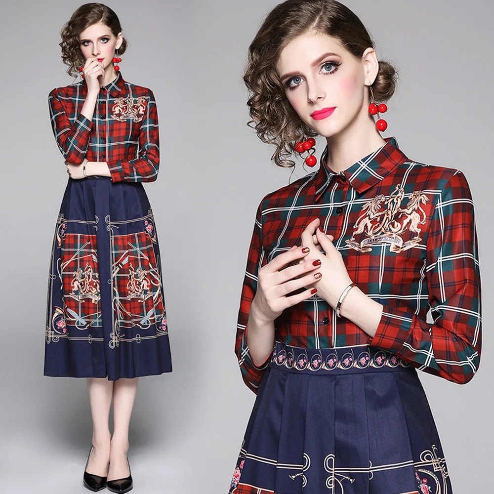 

England Style Vintage Plaid Print Tunic Slim Office Party Shirt Dress Elegant Designer Birthday Dress Women Vestido Feminino