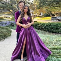 purple prom dresses long 2021 satin v neck spaghetti strap split backless evening wedding party gown custom vestido de fiesta