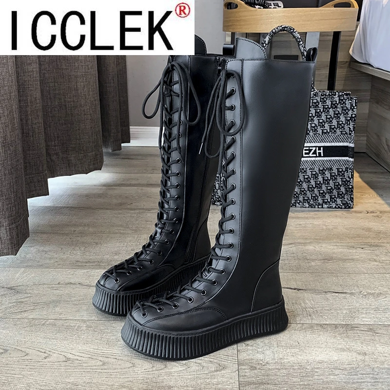 

Женские сапоги до колена на массивной платформе, из искусственной кожи, в стиле ретро, панк, длинные сапоги на шнуровке, новинка 2021