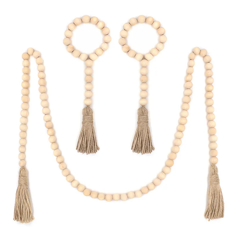 

Bao Niu Pastoral Style Beaded Pendant Wood Color Wooden Bead Tassel String 6 Piece Set Hemp Rope Tassel Home Decoration Pendant