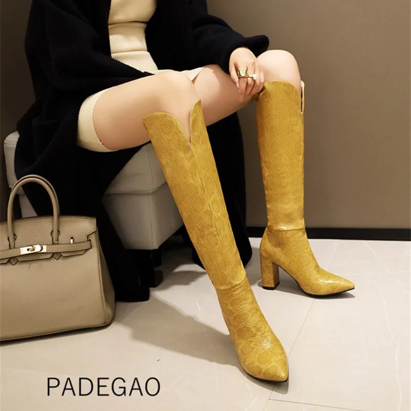 

Женские сапоги на высоком каблуке, коричневые зимние сапоги до колена со змеиным принтом, 2022