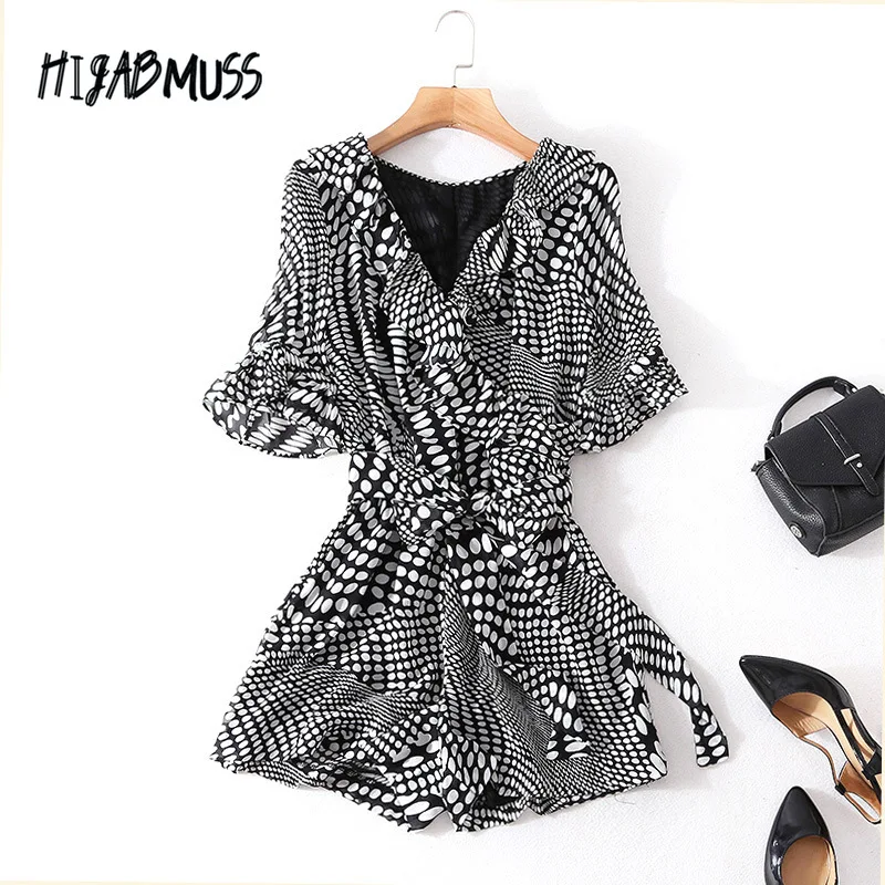 

Summer New Style Women's V-neck Lace Stitching Polka Dot Printing Jumpsuit Women's Belt Fashion Shorts Women