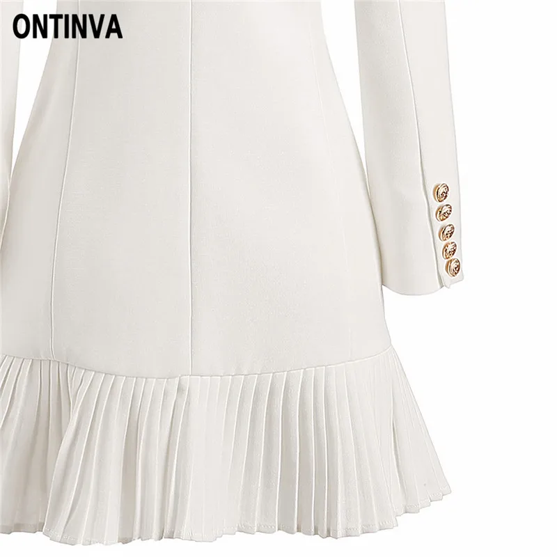 

Office Lady Long Elegant White Pleated Blazers Double Breasted V Neck Long Sleeve Jacket Plus Size Suit Coat Outwear Blazers