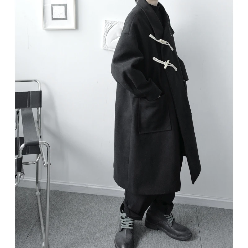 

S-XLWinter fashion faux woolen horn buckle mid-length loose woolen coat trendy men's college style design sense woolen coat