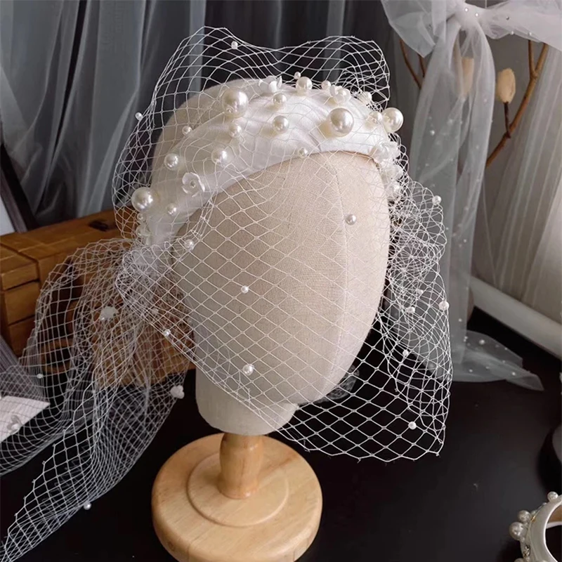 

New White Headband Veil Mesh Pearls Prom Headdress Veil Tulle Simple Wedding Jewelry Accessories for Women 2021