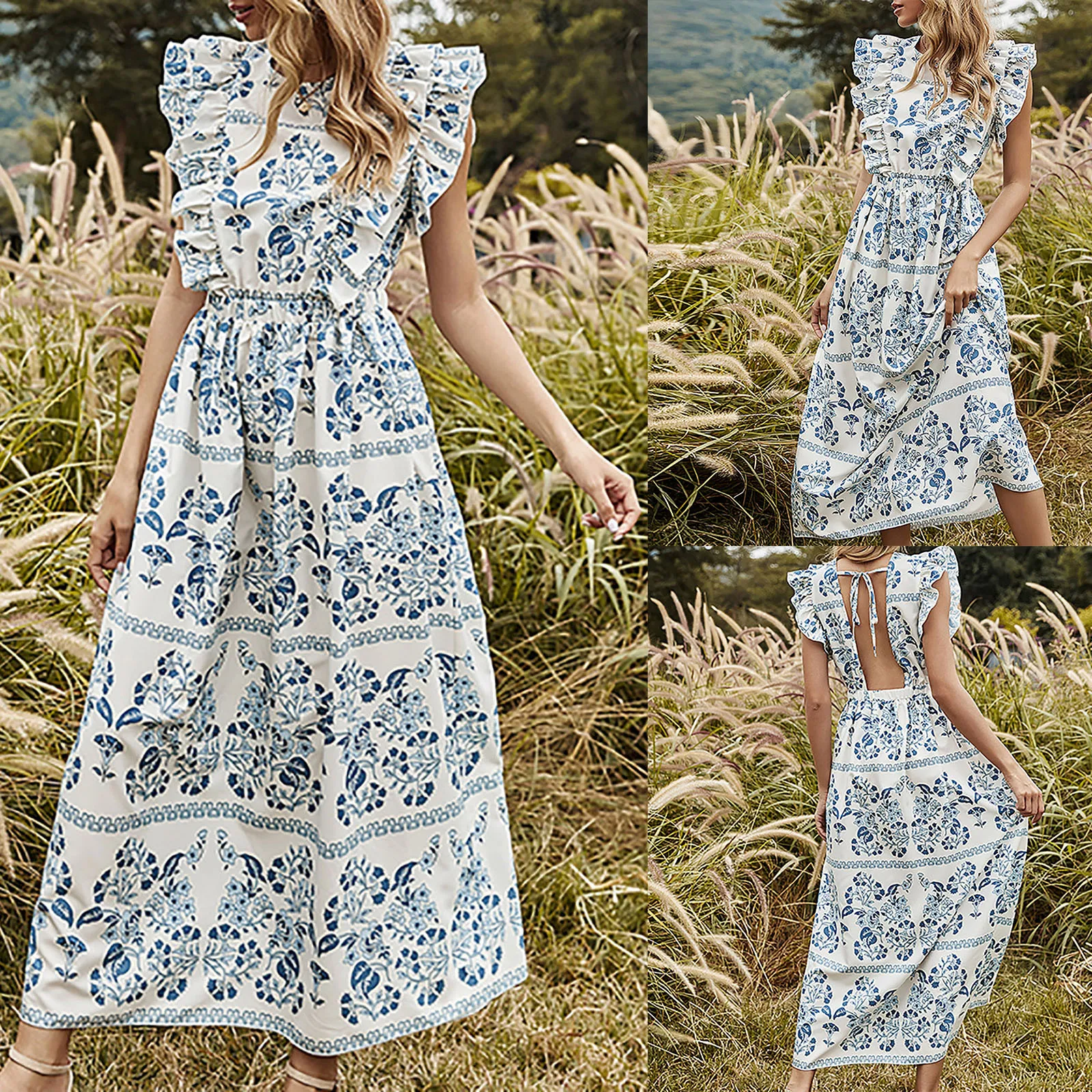 

Elegant Lady Dress With Printed Round Neck And Ruffle Without Sleeve And Sexy Robe Backless Bandage Женское Платье