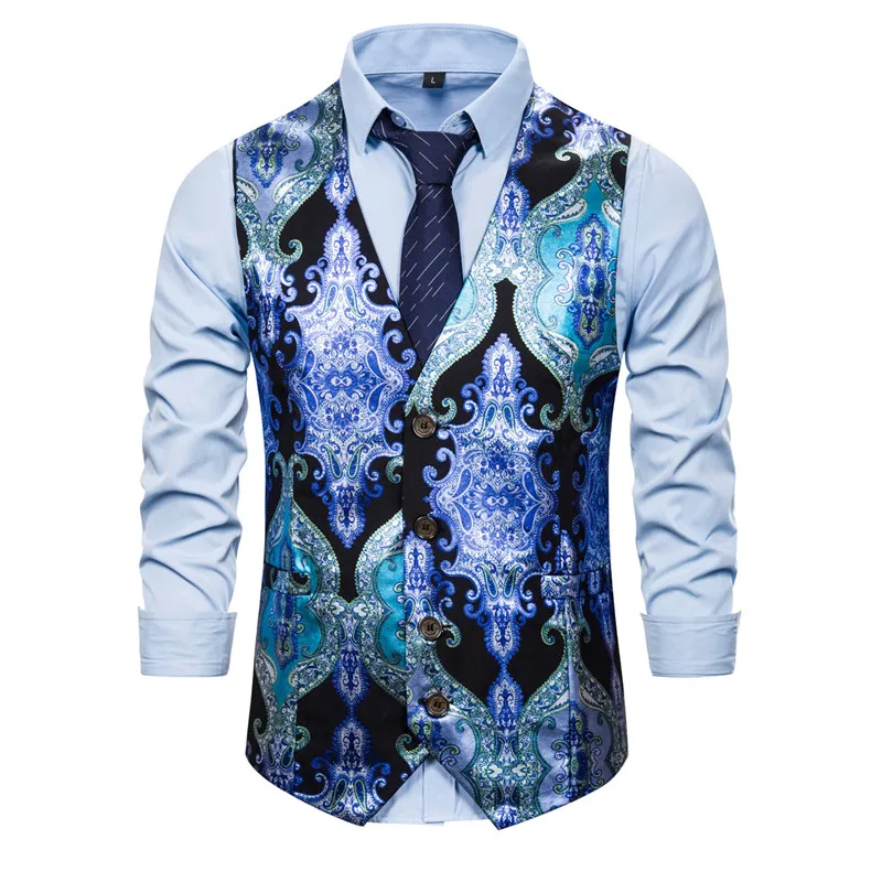 

New Men's Wild Comfortable Personality New European Style Court Style Printed Suit Vest Wedding Vest Waistcoat Weste MJ207