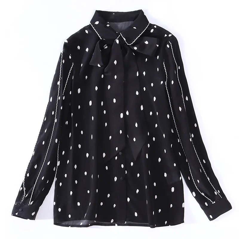 

2020 Spring Summer Fashion Blouses Shirt Women Turn-down Collar Color Block Print Bow Tie Elegant Black Shirt Silk Blouses Femme