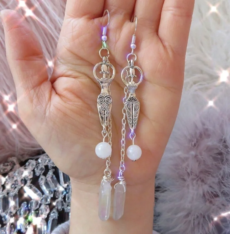 

Witch Goddess Crystal Quartz Dangle Earrings Pagan Jewelry