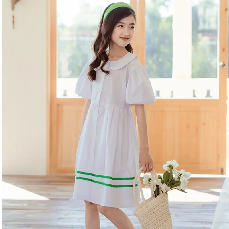 

New 2021 Teenager Girls Summer Dress Cotton Baby Kids Puff Short Sleeve Dresses Little Girl Clothes Casual White Shirts Dress