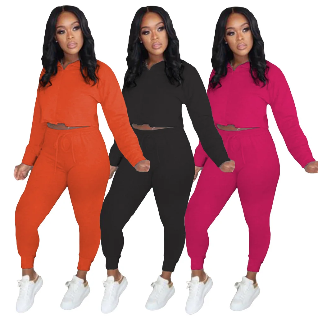 

2020 New Autumn Women Suit Hot Style Model Solid-color Long Sleeves & Drawstring Trousers European and American 2 Piece Set