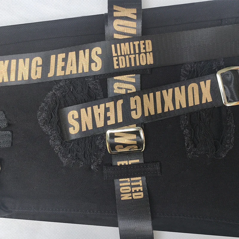 Autumn Men's Personality Webbing Ripped Jeans With Small Feet Zipper Decoration Slim Fit Fashion Youth Men Street Denim Trousers