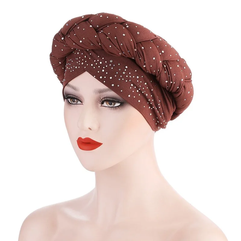 

Fashion Women Hats Europe And The United States Hot Milk Silk Braid Scarf Cap Hot Drill Sponge Cap Bohemian Wind Turbans 539