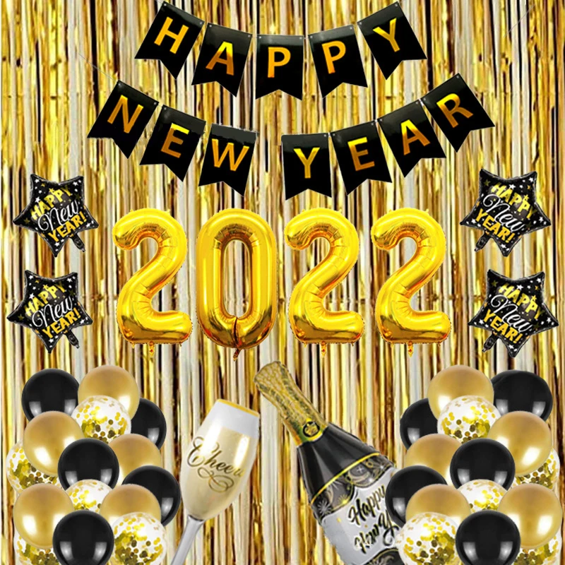 

New Arrival 2022 New Year Theme Balloon Set, Black Star Gold 2022 Balloon Happy New Year Banner for New Year Party Decoration