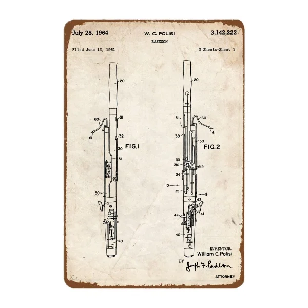 

Bassoon 1964 Print Wall Art Poster Blueprint Gifts Music Room Decor Vintage Tin Metal Sign Bar Club Cafe Garage Farm Decor Art