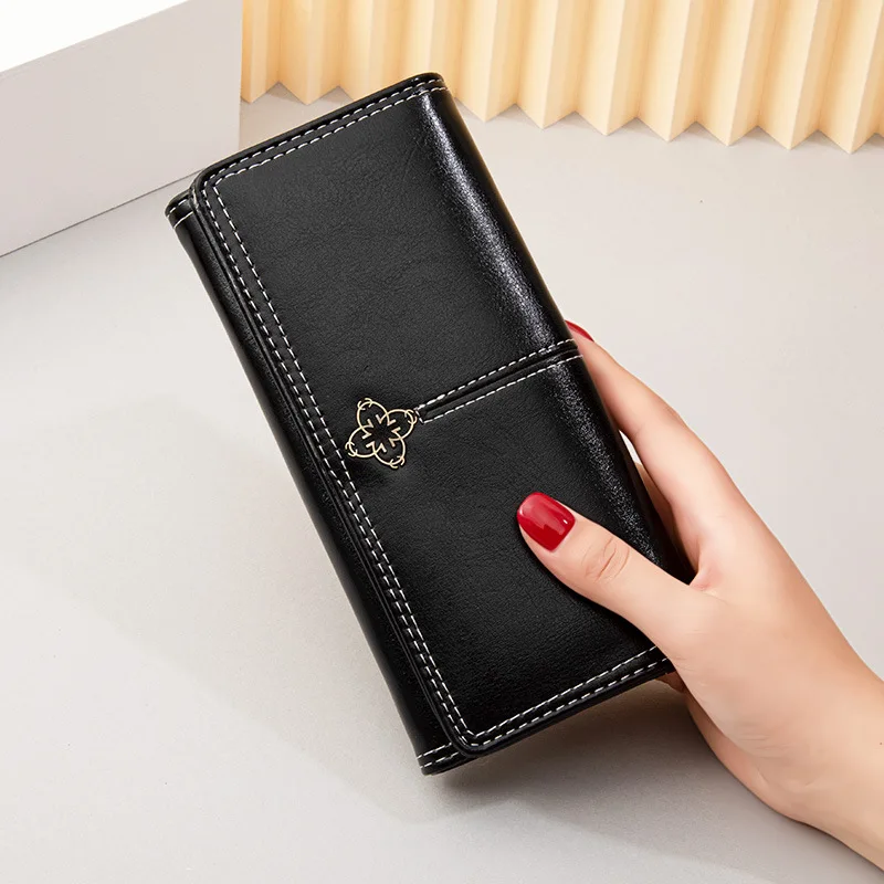 

Женский кожаный кошелек в винтажном Европейском стиле, популярный длинный бумажник с несколькими отделениями для карт, Дамский держатель д...