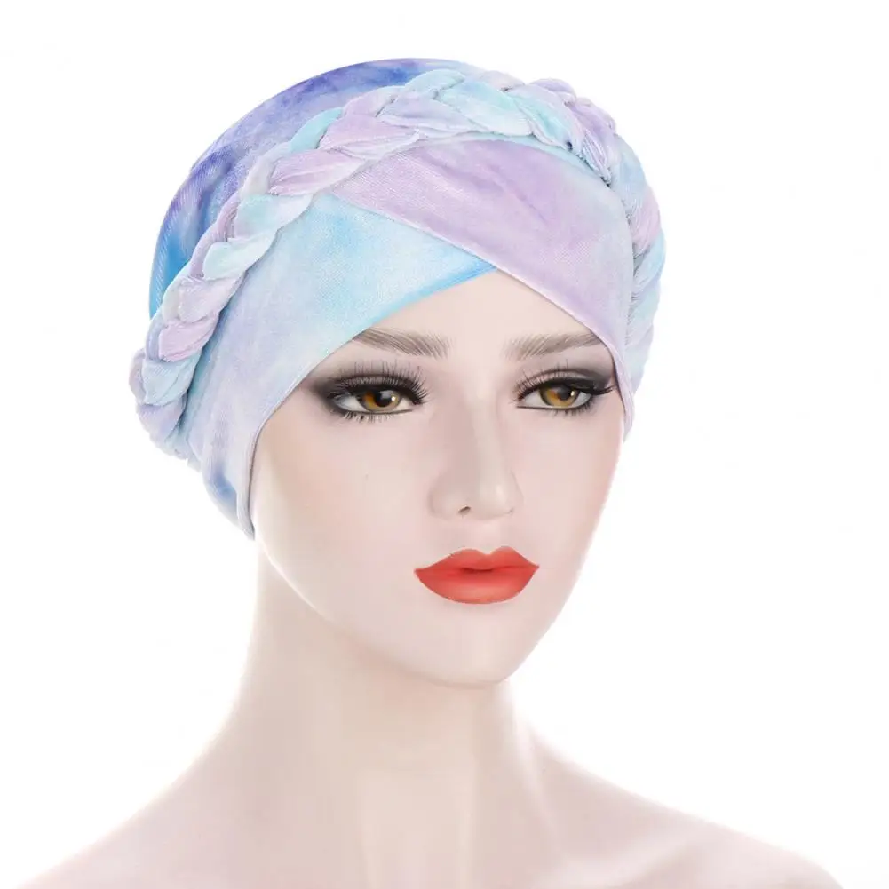 

Women Wrap Headscarf Tie-dyed Flannel Braid Stretch Foldable Beanie Cap Headscarf Headwear Muslim-Turban caps India Hat mujer