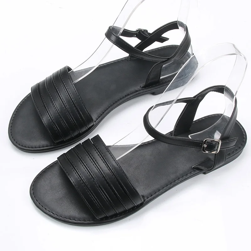 

Comfort Shoes for Women Open Toe Buckle Strap Female Sandal Large Size Peep Girls Big Low Flat 2021 Beige Gladiator Casual Rome