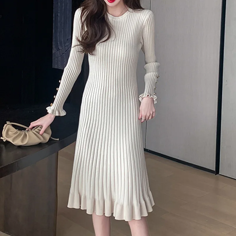 

Fashion Sweater Dresses Long sleeve Knitted Puff Knee-Length Dress 2021 New O-neck Sexy Skirt Casual Winter OL Women Clothing