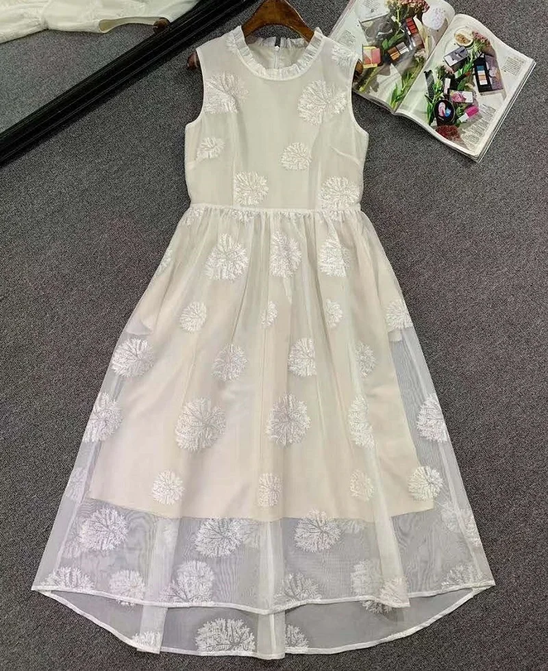 

Summer New 2021 Hot Sale Dress Women O-Neck Snow Flower Patterns Print Sleeveless Large Swing Apricot Dark Blue Green Dress XL