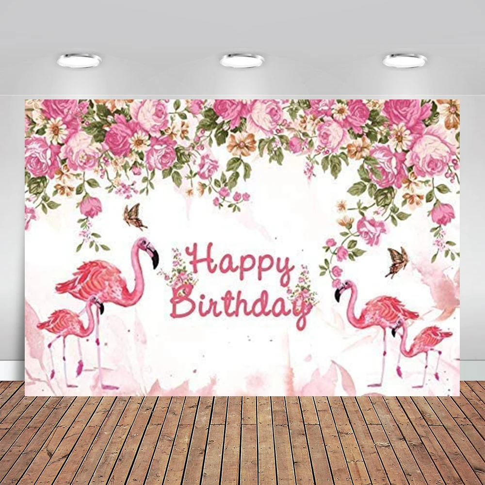 

Flamingo Happy Birthday Backdrop Chinese Roses Backdrop Pink Happy Birthday Party Girls Kids Adults Photography Background