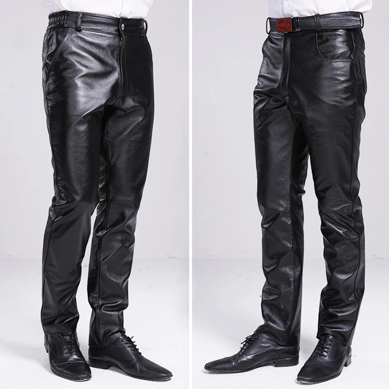 Leather Pants Men Autumn Winter Working Elastic Waist Casual Straight Leather Trousers Thick Motor Pants Warm Liner Loose