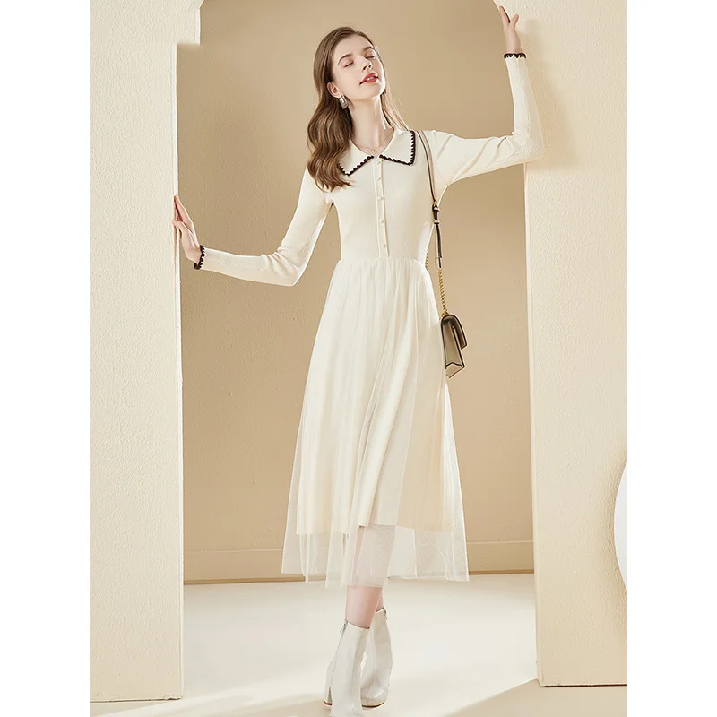 

Only Plus Black Knitted Long dress French style slim mesh stitching Hem Dress Spring Autumn Sexy Elegant Button Vestidos 2021