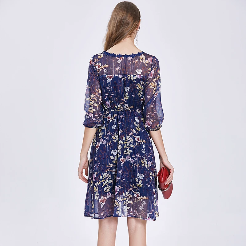 

Summer Chiffon Dress Fashion Floral Print High Waist A-line Three Quarter Casual Party Dresses Women Robes TA6609