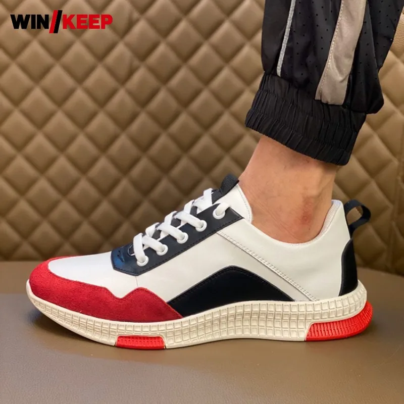 

Street Genuine Leather Patchwork Sneakers Men British Style Lace Up Hip Hop Casual Shoes Outdoor Running Sports Shoes Male