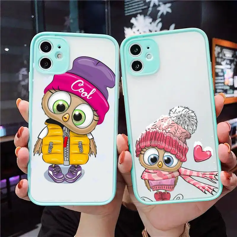 

Cute animal Owl Phone Case For iPhone 13 12 11 Mini Pro XR XS Max 7 8 Plus X Matte transparent blue Back Cover
