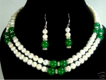 

2 color- 2 row 7-8mm white freshwater pearl & green/red jade necklace earring set