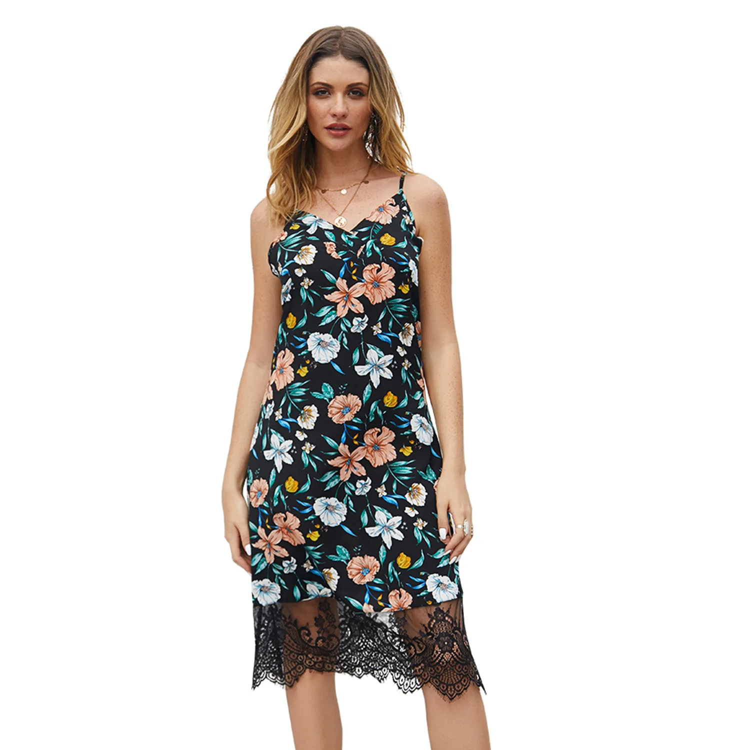 

2021 Trend Floral Print Backless Dress Elegant Lace Patchwork Ladies Frocks for Women Summer Mid-calf Empire Slip Dress Vestidos