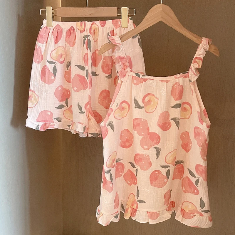 Пижама женская с избыточным рисунком персика хлопковая одежда для сна шортами