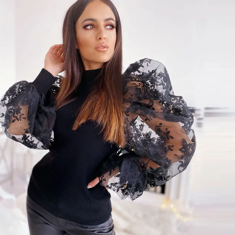 Женская кружевная блузка составного кроя с пышными рукавами и круглым