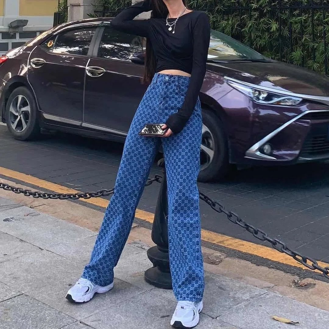 

Autumn 2020 new AOP blue high waist jeans Street hip hop loose straight Wide Leg Jeans Pants