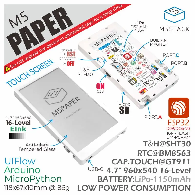 M5Stack официальный M5Paper ESP32 макетный комплект 960X540 4 7 дюймовый дисплей eInk 235 PPI IoT