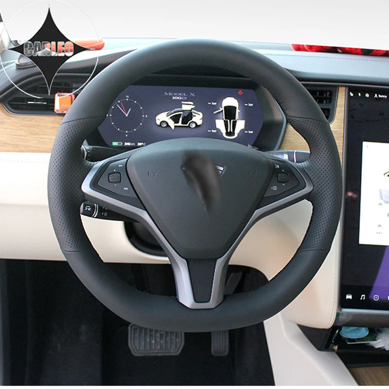 Car Steering Wheel Cover for Tesla Model X 2016 2017 2018-2021 Genuine Suede Leather Carbon Fiber Stitching Handmade Customized