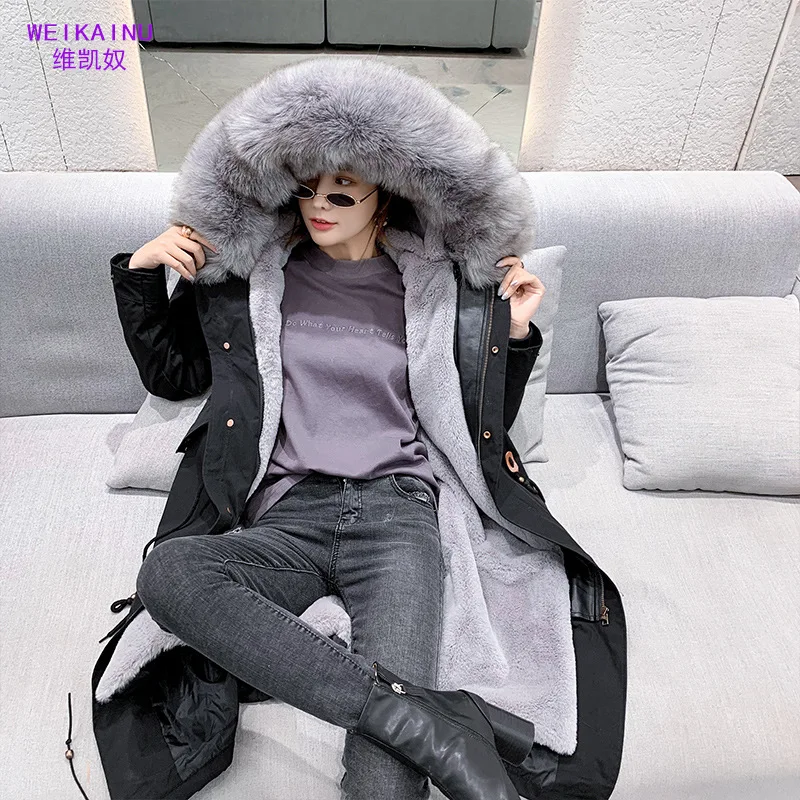 black light gray fur Новинка года; модное зимнее пальто с мехом для женщин и девочек парка с капюшоном из искусственного кроличьего меха утепленная верхняя одежда - Цвет: black light gray fur