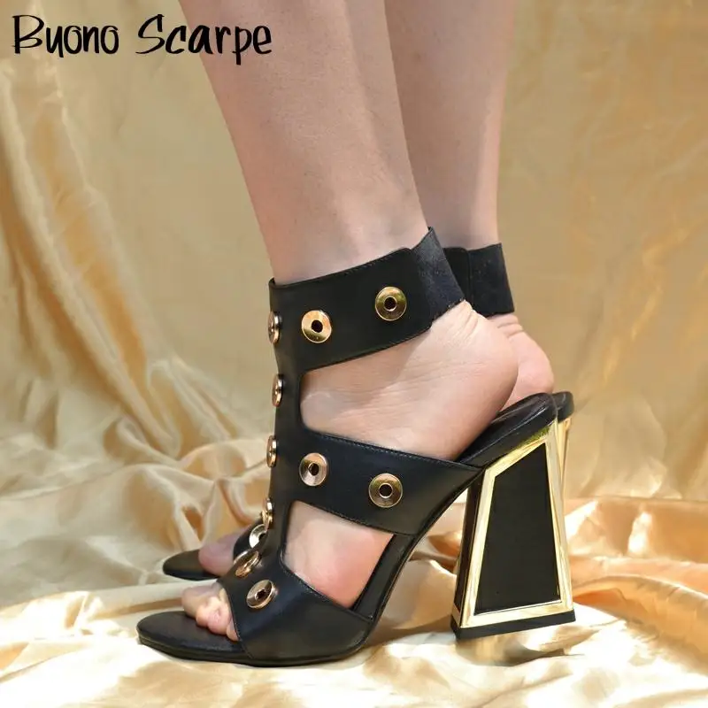 

Ankle Elastic Band Summer Sandals Metal Button High Heel Shoes Open Toe Black White Leather Sandals Glatoator Heel Party Sandals